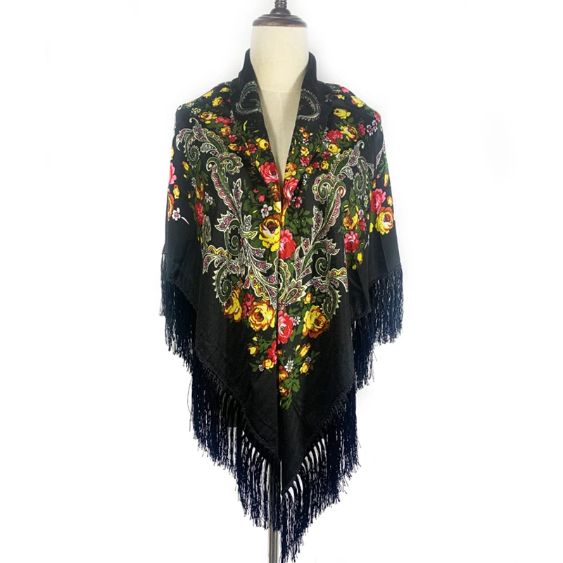 135*135cm Russian National Scarf Women Fringed Big Square Shawl Luxury Floral Print Bandana Handkerchief Sunshade Travel Scarves