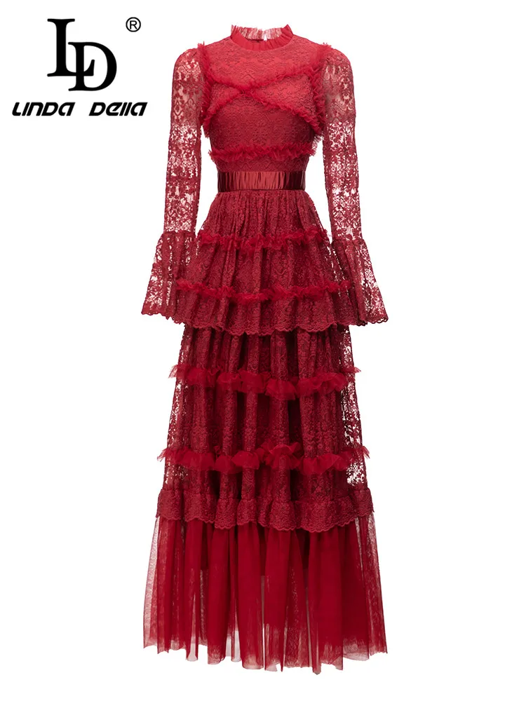 LD LINDA DELLA 2023 Summer Fashion Designer Party Dress Women's Red Long Sleeve High Waist Hollow Out Lace Crumple Dress