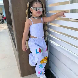 2024 Summer New Girls Fashion Solid Halter irregolare Top + Cartoon Print Pants 2 pezzi Set abbigliamento Casual per bambini età 1-8Y