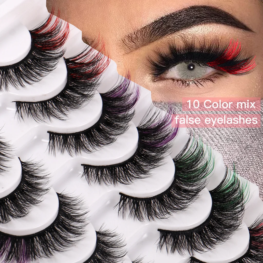 Colored Eyelashes,5 Colors 10 Pair Cat Eye Lashes Wispy 3D Faux Mink Lashes Fluffy Colorful False Eyelashes With Color On End