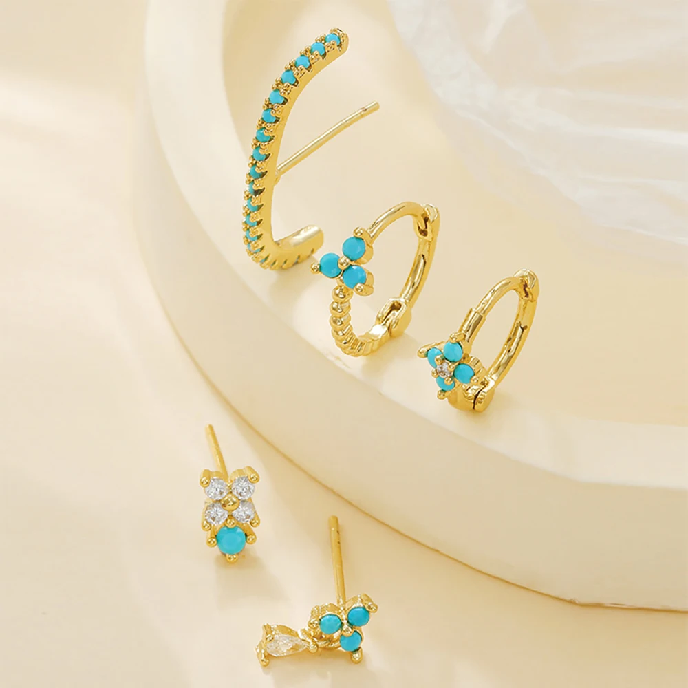 Exquisite Blue Flower Crystal Zircon Piercing Earrings 18K Gold Plated Stainless Steel Hoop Earring Delicate Daily Jewelry