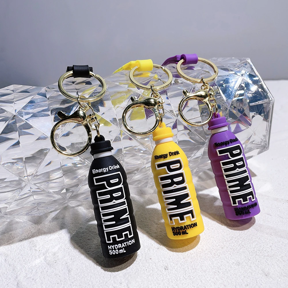 Cartoon Prime Hydration Drink Keychain For Women Soft Rubber Beverage Car Key Chains Bag Charms Couple Keyring Children Gift