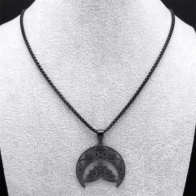 Gothic Bat Pentagram Moon Necklace for Women Men Stainless Steel Black Color Witch Crescent Chain Jewelry collar hombre N9742S06