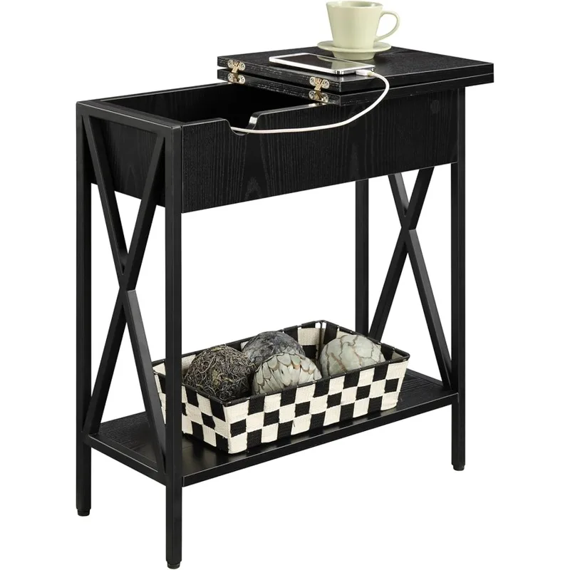 Черный торцевой столик 23,75 дюйма с USB-зарядной станцией — современный откидной журнальный столик для небольших помещений, гостиной и прикроватной тумбочки