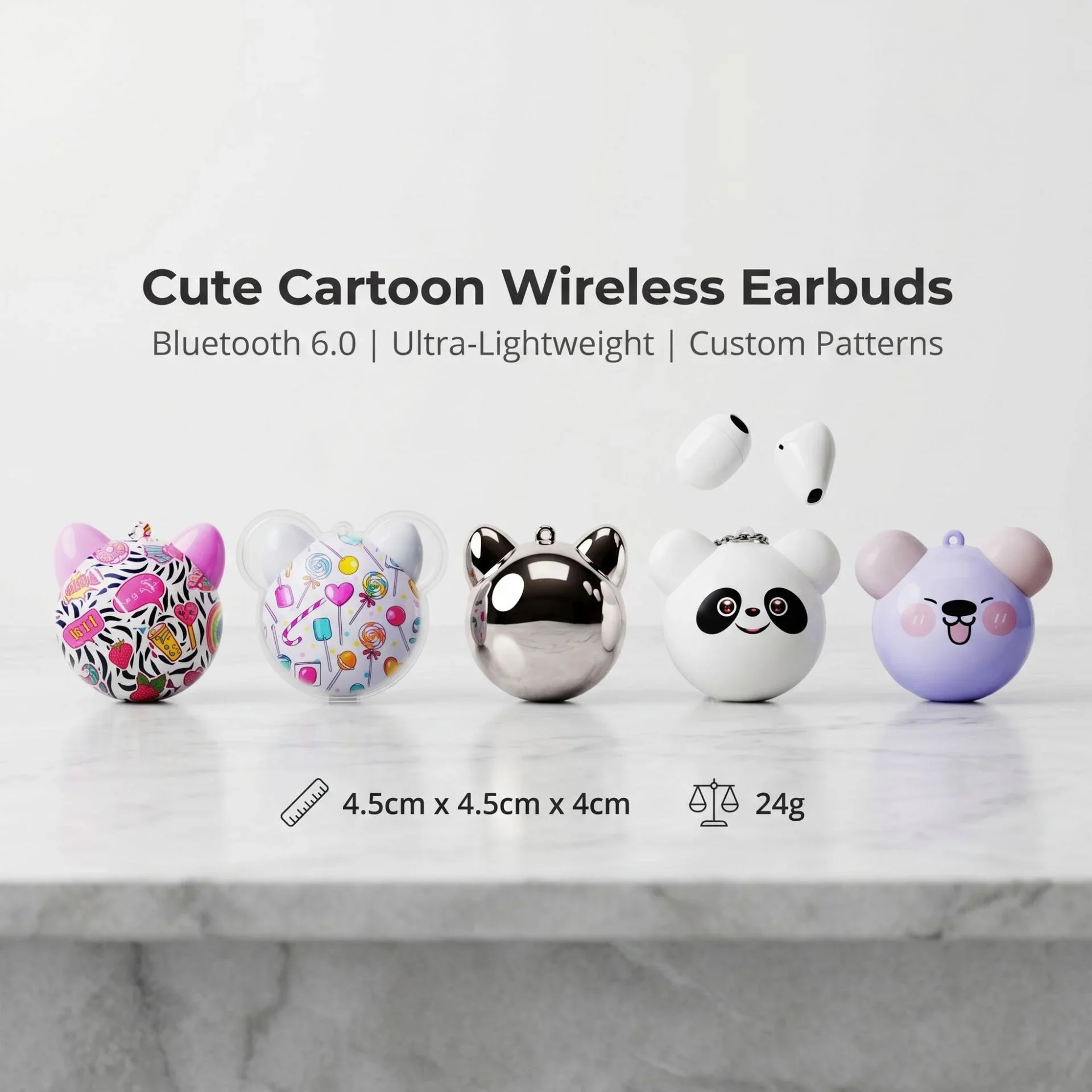 Mini TWS Earbuds with Lanyard & Cute Cartoon Pattern, Bluetooth 6.0 Long Battery Life Lightweight Earphones for Girls Gift