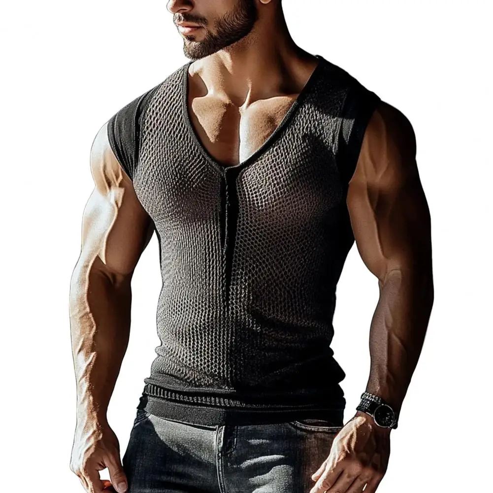 Men Mesh Vest Mesh V-neck  with Wide Shoulder Straps Solid Color Camisole for Stretchy Comfort Tank Top