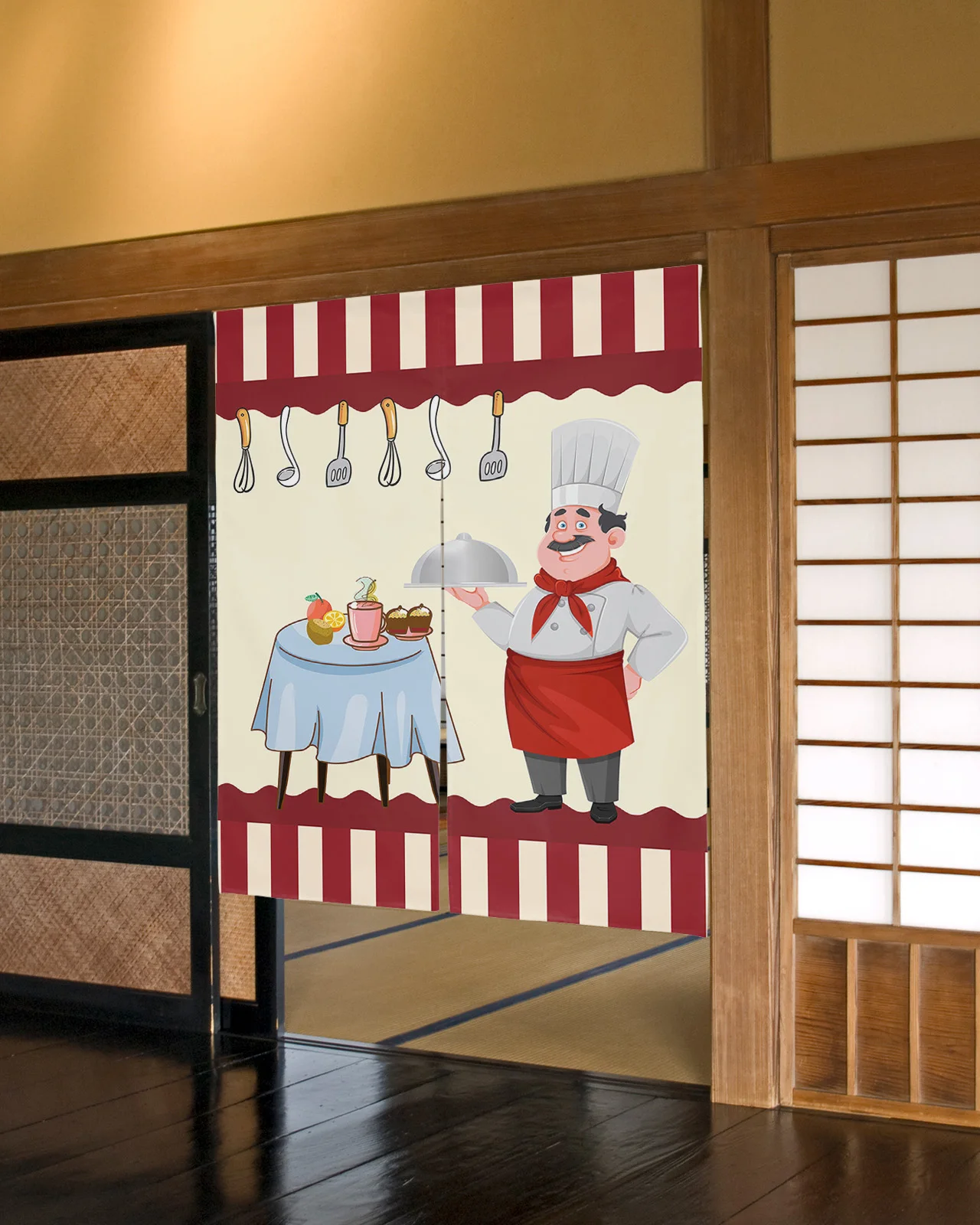 Kitchen Chef Gourmet Japanese Door Curtain Knife And Fork Print Doorway Partition Curtain Entrance Noren Hanging Half-Curtain