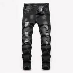 New Boys' Straight-leg Ripped Jeans Children Washed Distressed Stretch Denim Trousers Big Kids Casual Pants 5-16Y