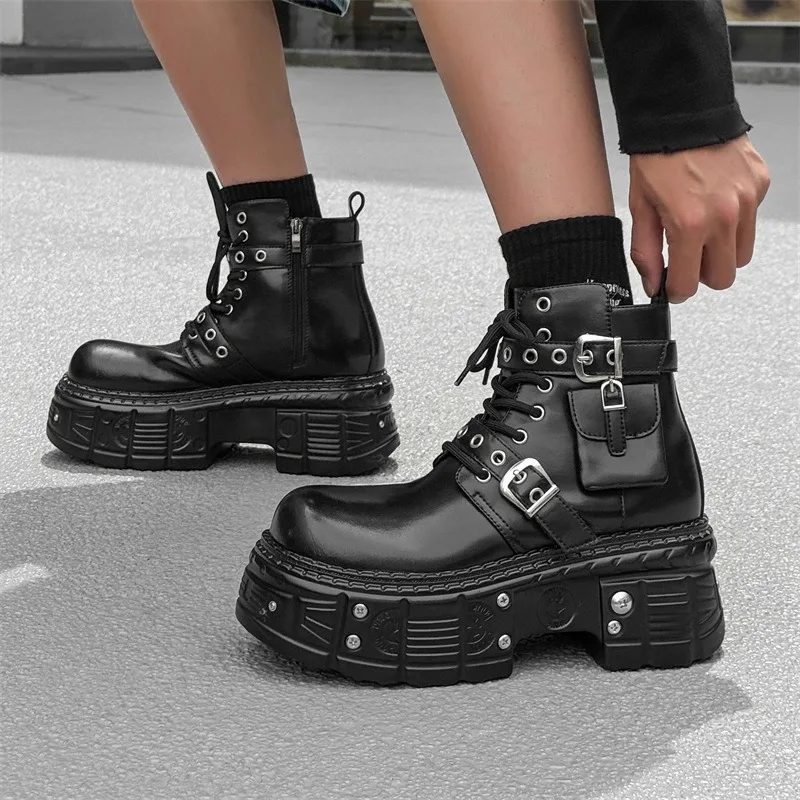 

Couple Dark Motorcycle Boots Heavy Metal Platform Ankle Boots Men Women Punk Leisure Leather Shoes Knight Boots Botas Para Mujer