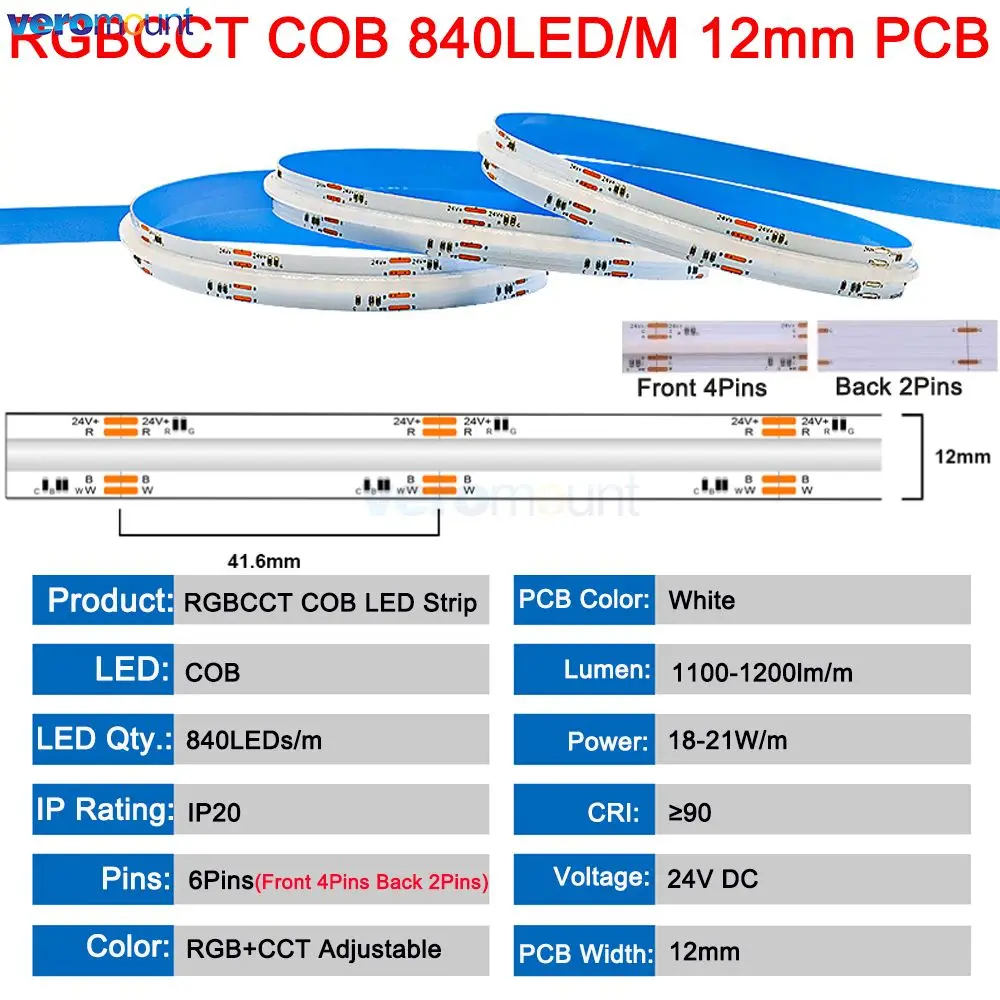 5m 24V DC 5 w 1 RGBCCT pasek COB LED światła 840 diod LED/m z możliwością przyciemniania oświetlenia LED elastyczne taśma LED RA90 FCOB RGB CCT