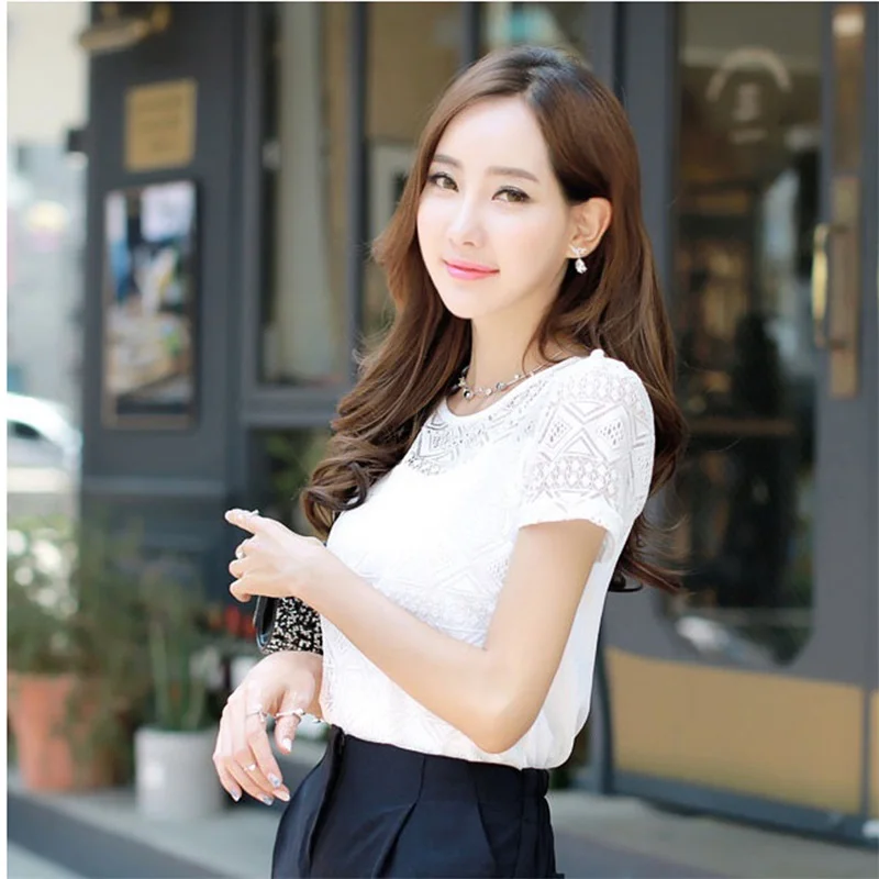 Women Summer Chiffon Blouse Lace Crochet Female Korean Shirts Ladies Blusas Tops Shirt White Blouses Slim Fit Tops