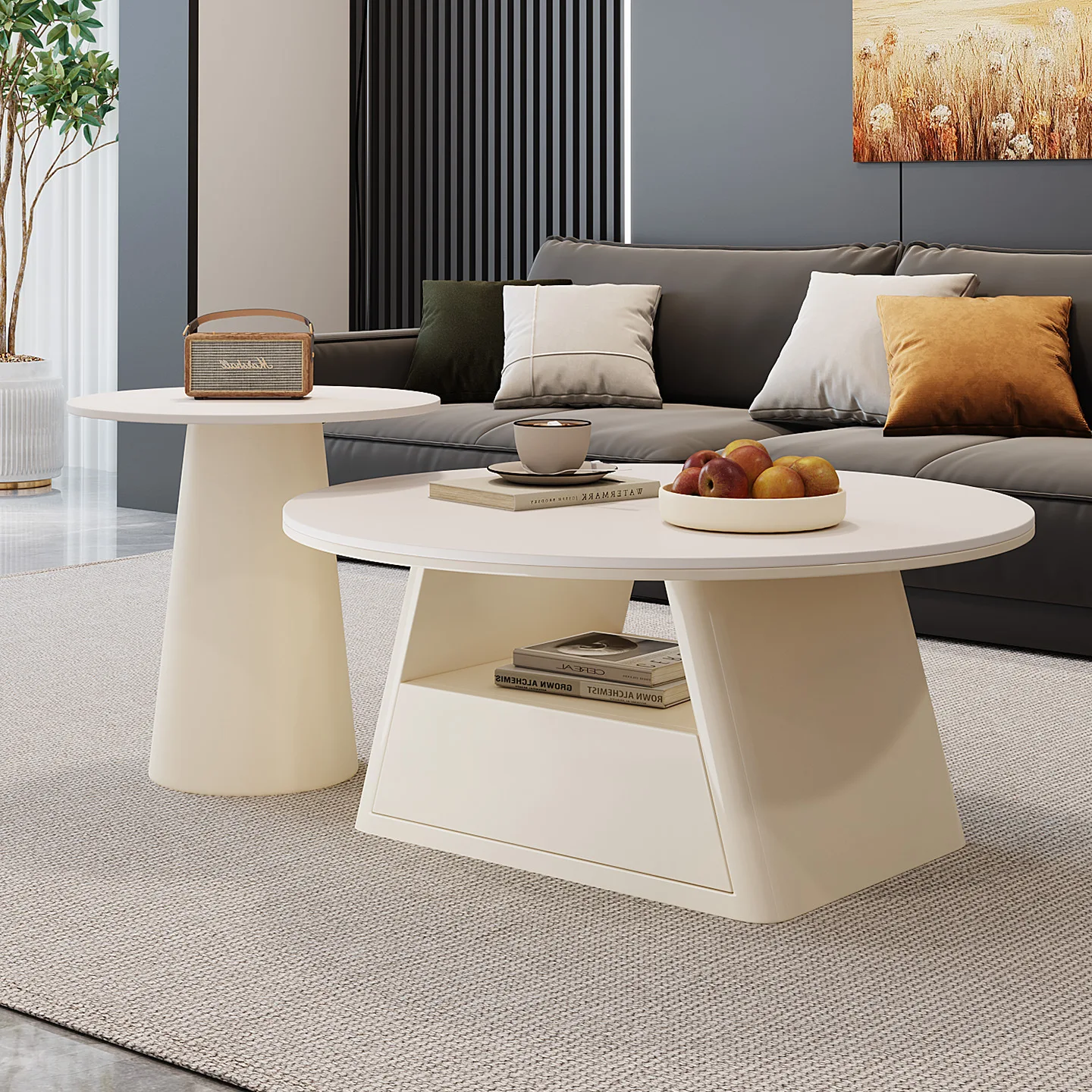 Italian minimalist, round coffee table combination, living room household small apartment, rock slab coffee table 4