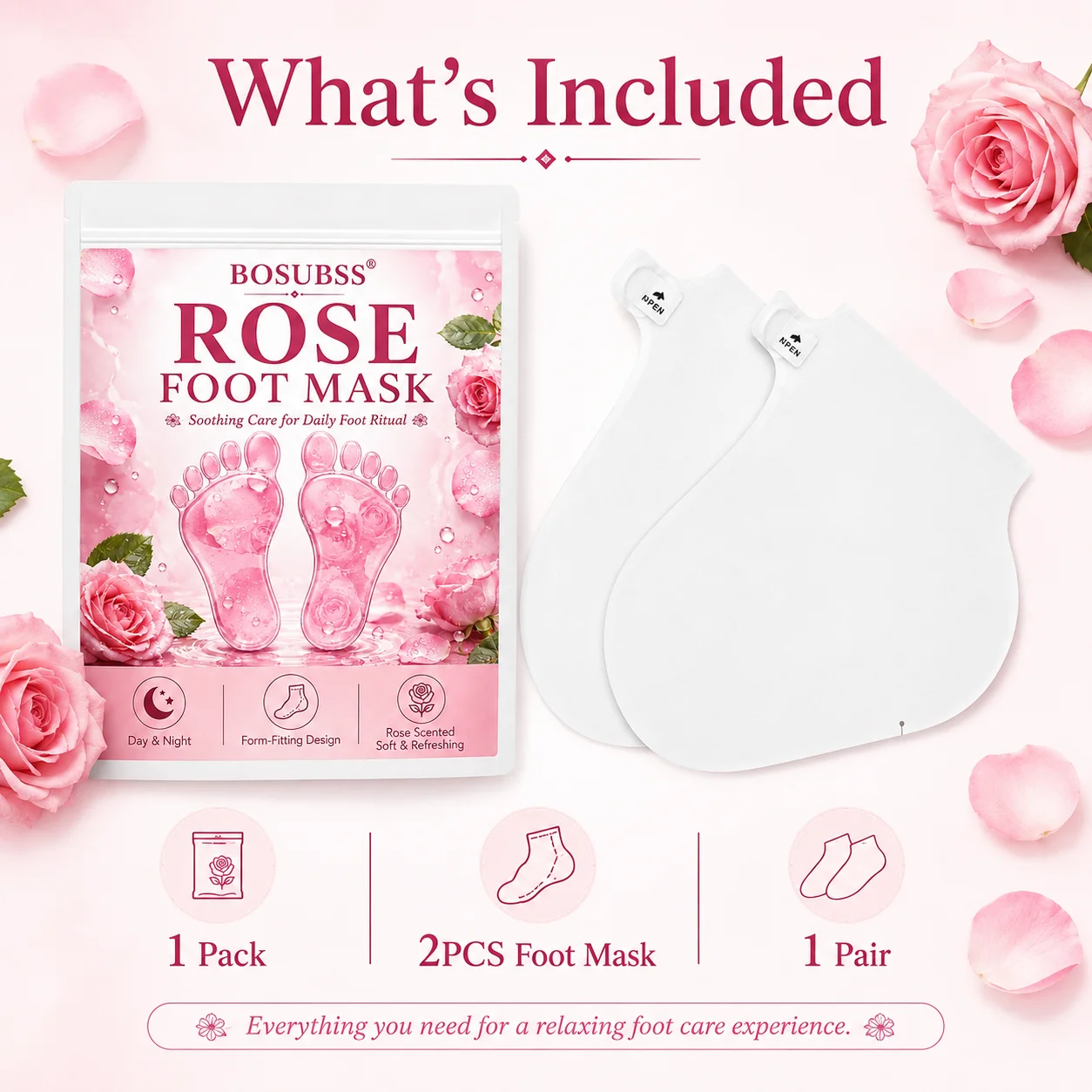 1 Pair Moisturizing Foot Mask Socks, Rose-Inspired Foot Care Booties with Adjustable Ankle Closures