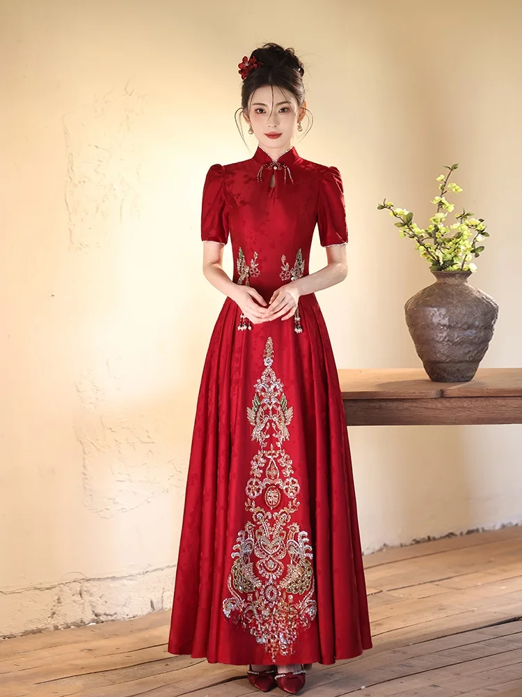 

Новое китайское свадебное платье красного цвета для помолвки и банкета, женское, элегантное, летнее, длинное вечернее платье