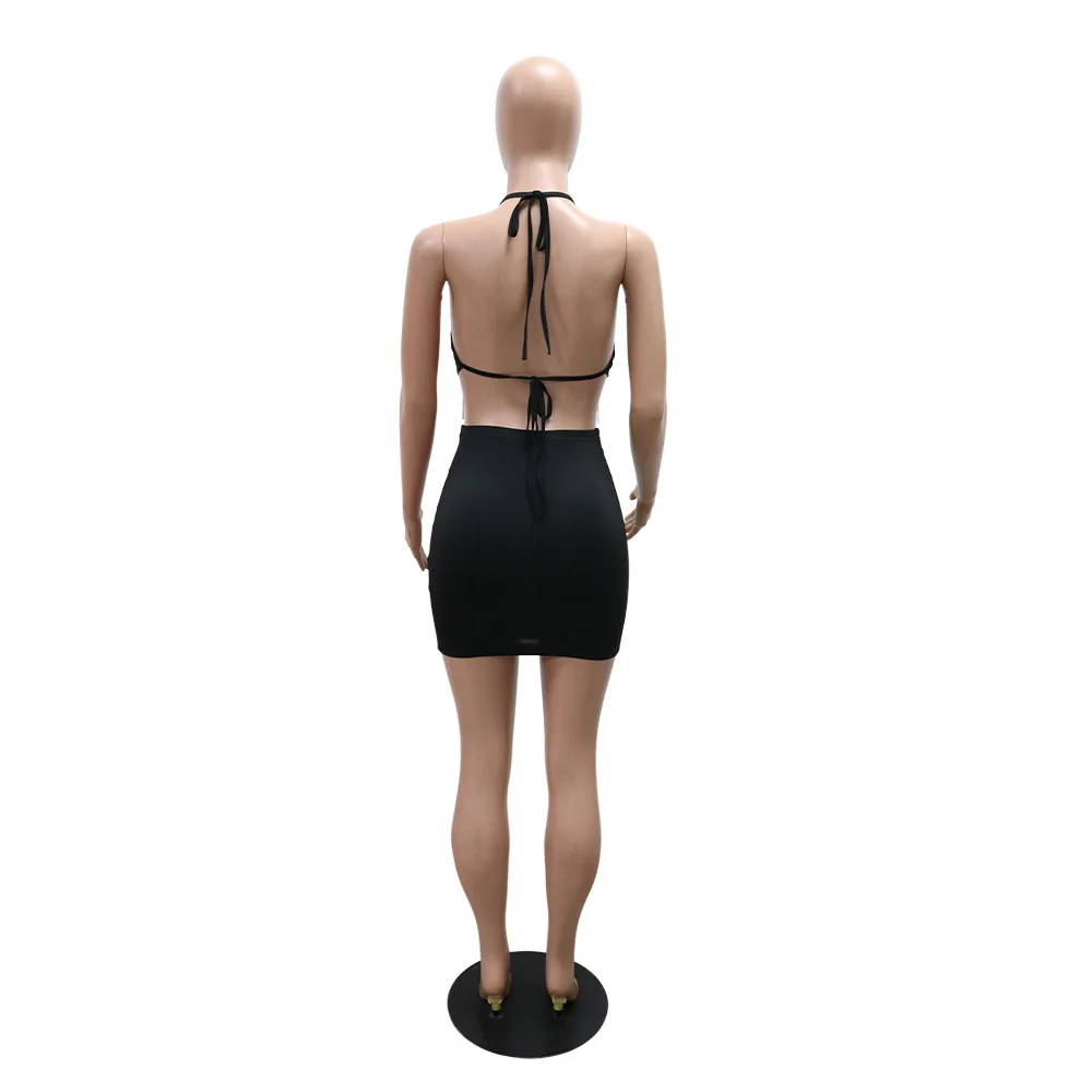 2025Solid Color Lace-Up Short Style Top with Diamond Splicing Tassel Two-Piece Set Hip-Hugging Skirt Included Fashionable Outfit