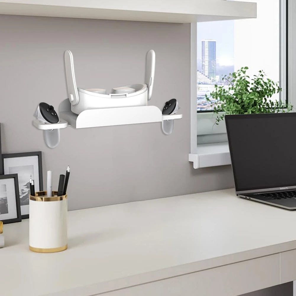 Supporto VR stabile in acciaio per montaggio a parete VR Supporto per cuffie e controller a 2 vie di archiviazione Supporto per scrivania salvaspazio per Meta Quest 3S/Quest 3