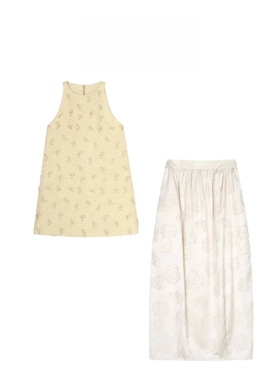 

Корейский стиль Parkyeon: Желтое платье миди без рукавов с завязками на шее, завышенной талией и эффектом похудения, комплект из двух предметов, повседневная летняя мода