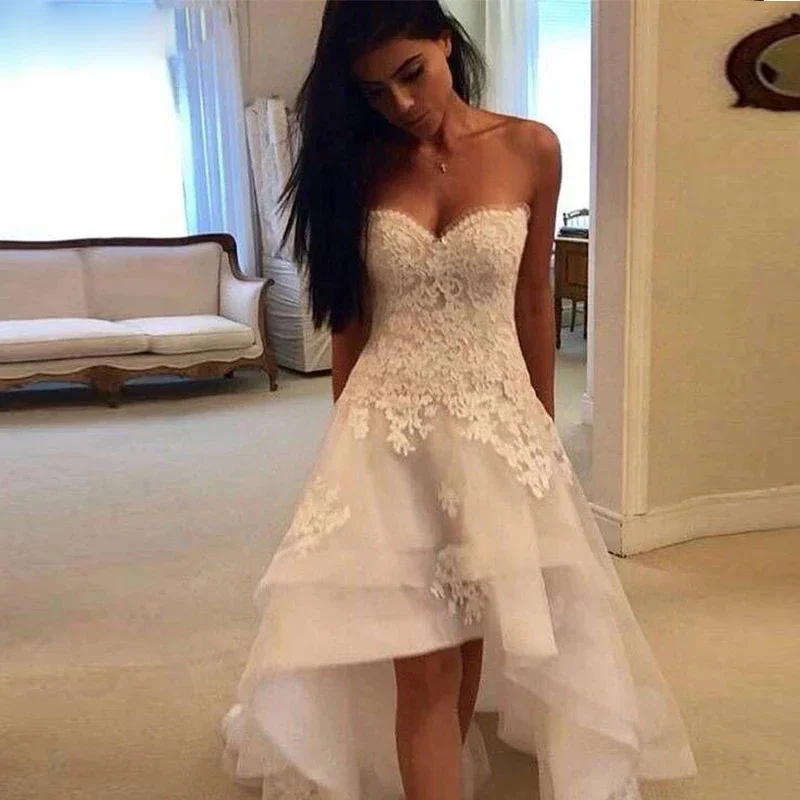 

Bride Engagement White Princess Trailing Wedding Dress Beach Photo Sweetheart Lace Front Short Back Long Formal Evening Dress