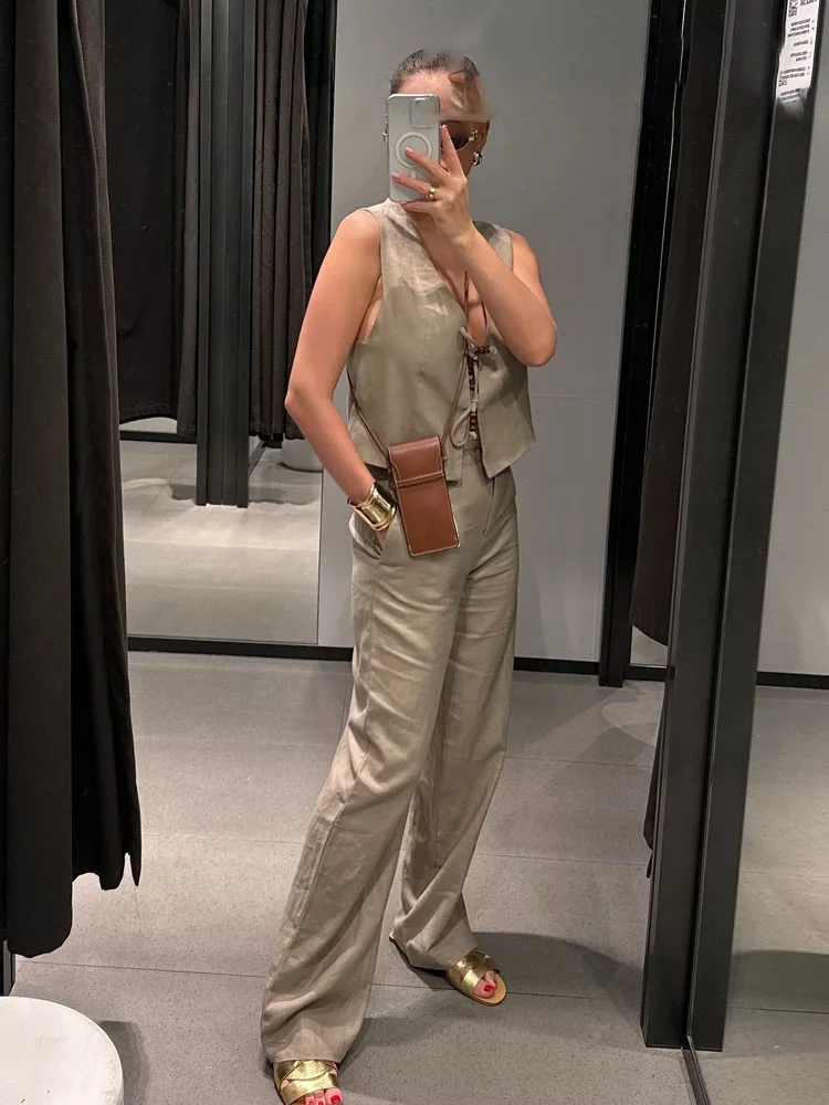 Damski komplet HH, 2-częściowy, elegancki, sznurowany, z koralikami, dekolt w serek, bez rękawów, codzienna bluzka typu vest + luźne spodnie z wysokim stanem i szerokimi nogawkami, z jednolitą kolorystyką i bocznymi kieszeniami.