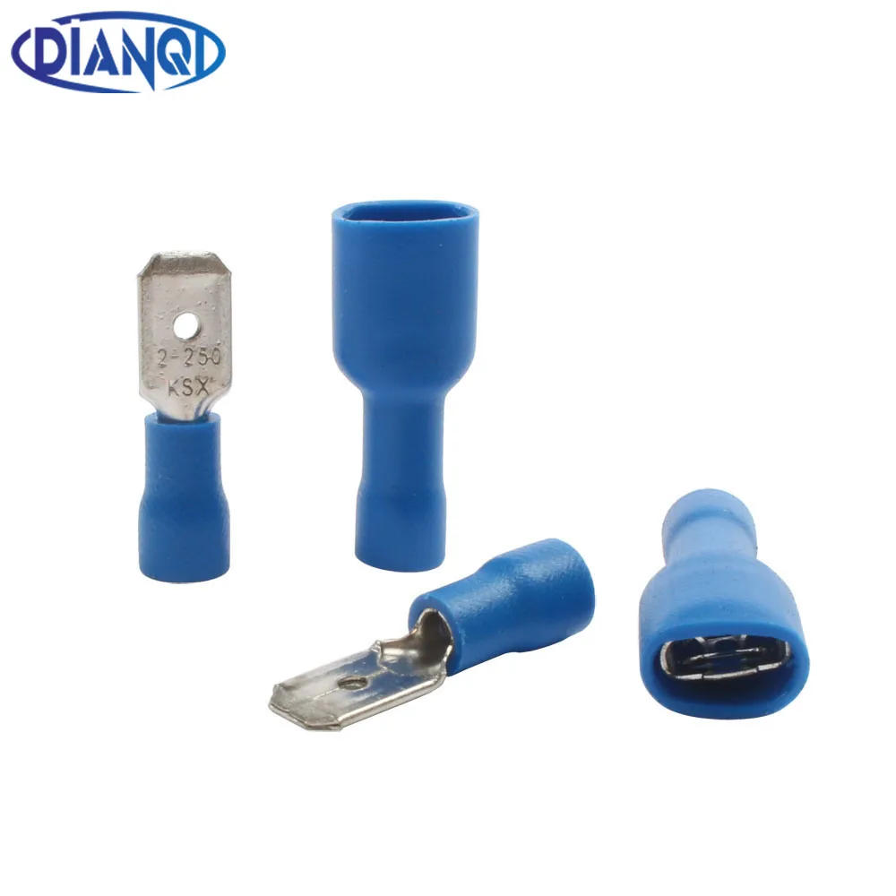 100pcs 50pairs 6.3mm 16-14AWG Female Male Electrical Wiring Connector Insulated Crimp Terminal Spade Blue FDFD2-250 MDD2-250