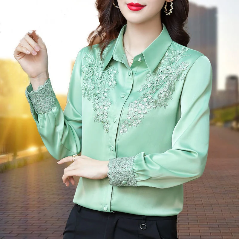 High Quality Satin Embroidery Elegant Chic Fashion Top Blouse Women Solid Long Sleeve Office Lady Button Up Shirt Blusas Clothes