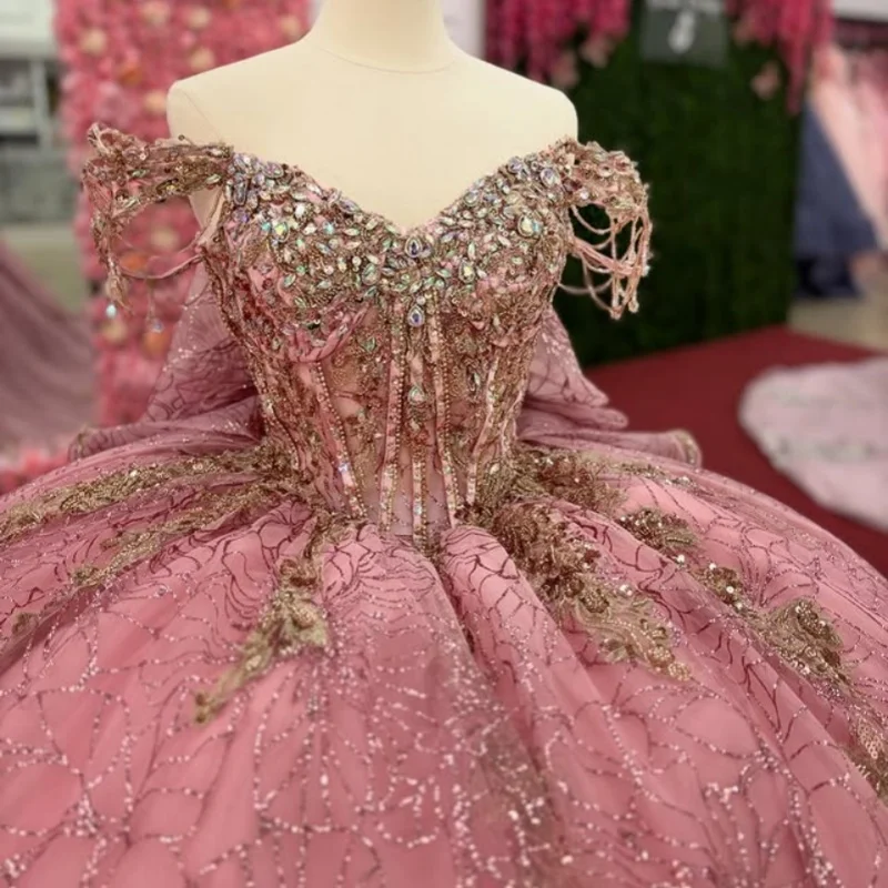 

Shining Pink Quinceanera Dress off-shoulder Lace flower crystal decal Long tail Bow vestidos de 15 Quinceanera ﻿Customize