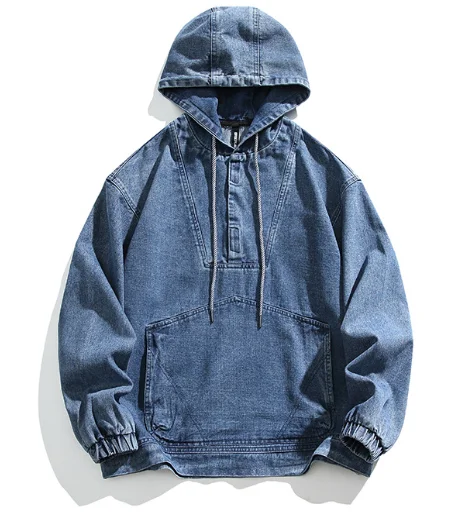 2024 spring new men\'s hoodie Japanese retro denim half jumper neutral casual hooded coat men size 2XL