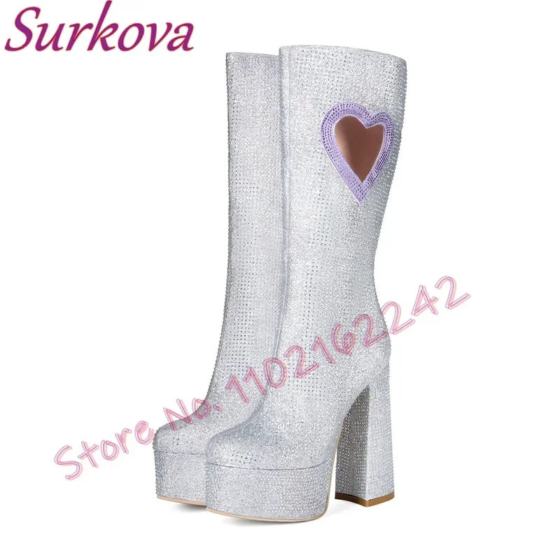 Botas a media pantorrilla con diamantes de imitación blancos, botas hasta la rodilla con plataforma de tacón grueso y punta redonda, botas de moda transpirables para club nocturno para mujer