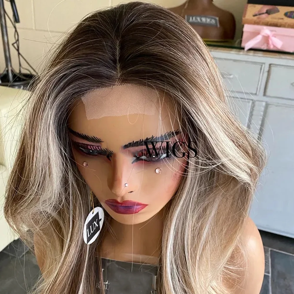 Pre plucked Synthetic Lace Front Wig Balayage Blonde Brown Wig Highlights Soft Straight Wigs For Women Heat Resistant Fibre