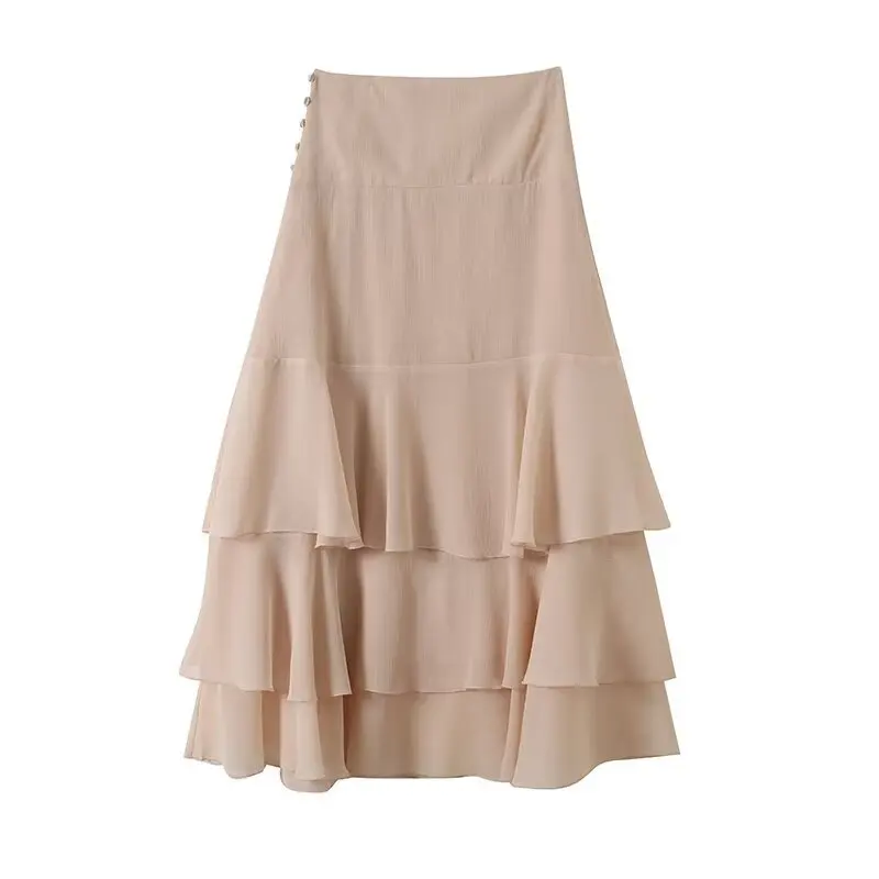 Withered Temperament Style Buckle Solid Color A-line Skirt With Lotus Leaf Edge Length Skirt For Women Clothing Faldas Skirts