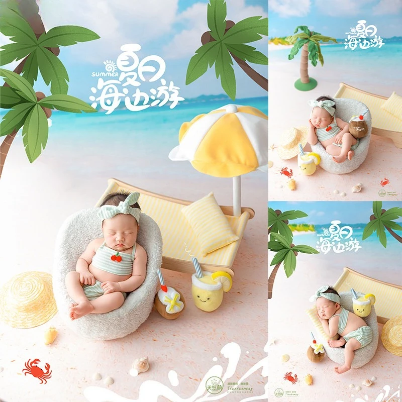 Newborn Photography Props Baby Summer Beach Seaside Swimwear Bed Juice Umbrella Decors Backdrop Fotografia for Studio Photoshoot
