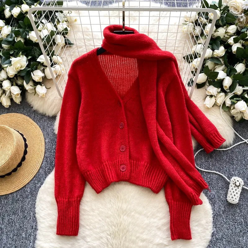 

Lazy Relaxation Knitted Sweater Women Cardigans Winter Loose Simple Scarf Casual Elegant Royal Sister Tide Cardigan Female Tops