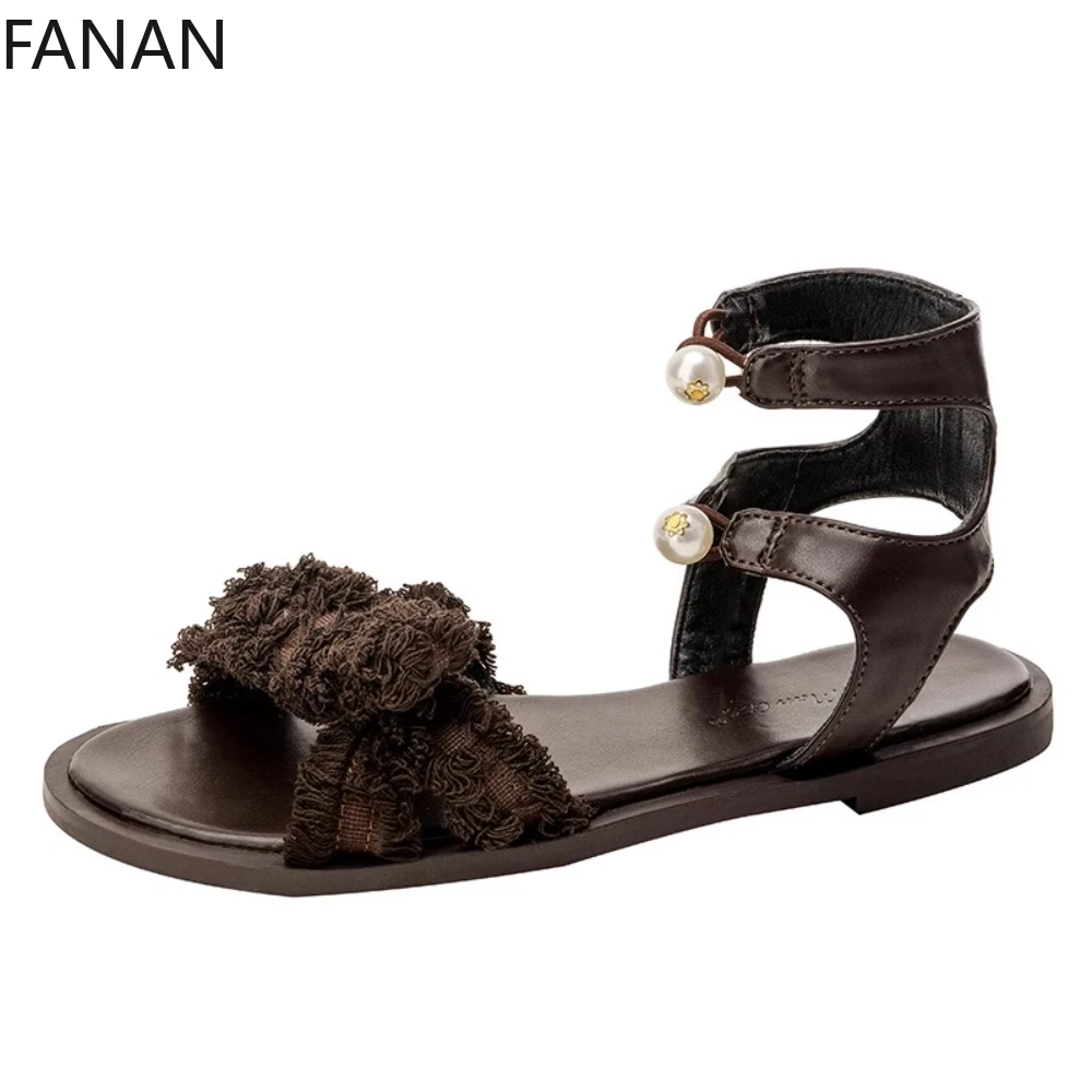 

Open-toed Sandals Women's 2025 New Flat Sandals Travel Vacation Low-heel Brown Roman Shoes Summer Pearl Shoes
