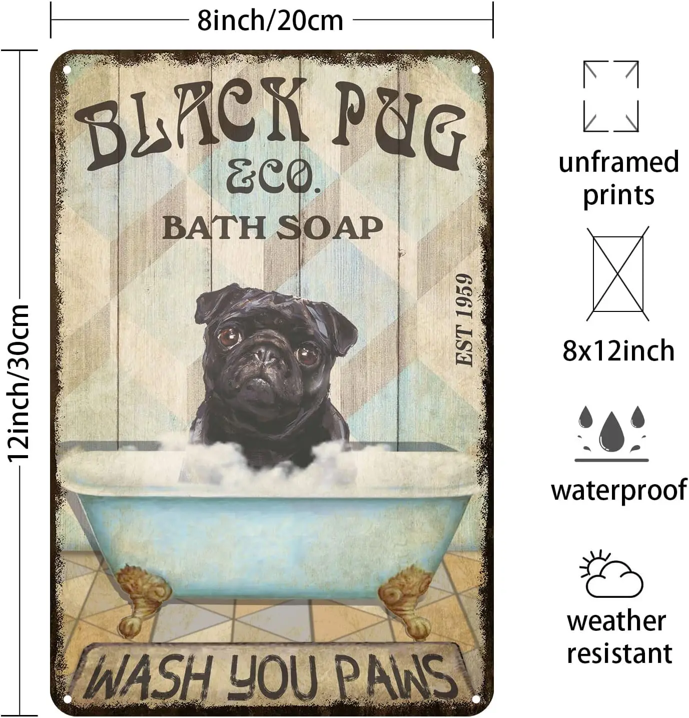 Funny Tin Signs Black Pug Bath Soap Co. Wash Your Paws Tin Sign Vintage Funny Home Bar Club Cave Rustic Wall Art