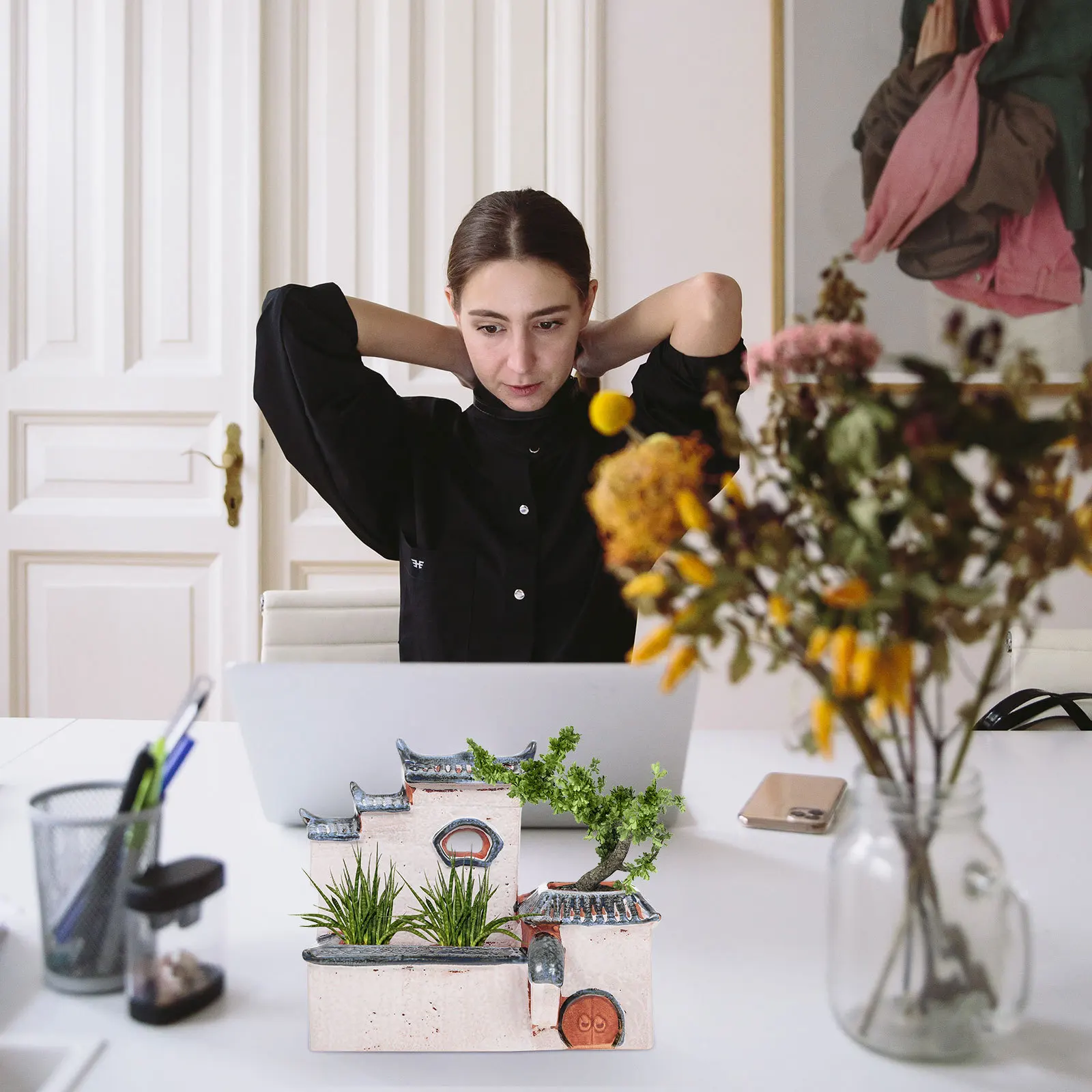 

Creative House Shaped Flowerpot Ceramic Succulents Planter for Home Office Decor Garden Planting Container Gardening Flower Pot