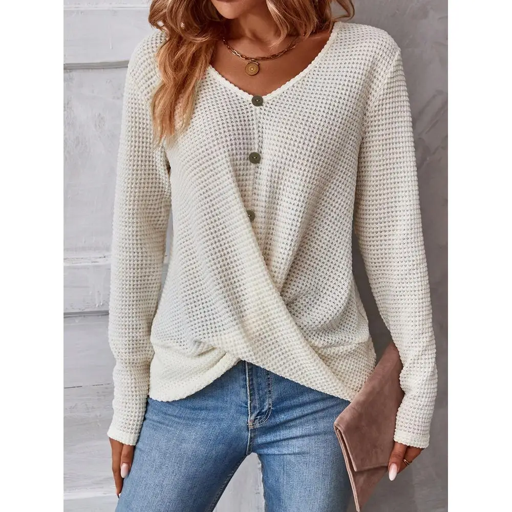 Women Waffle Knit Pullover V‑Neck Fake Button Detail Long Sleeve Twisted Hem Loose Casual Daily Knit Top