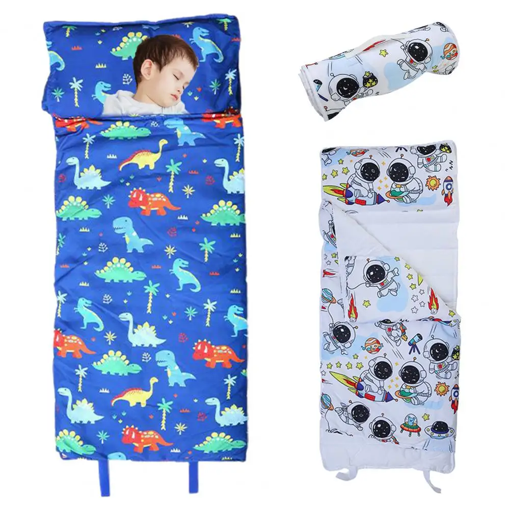 Toddler Sleeping Bag Soft Washable Toddler Nap Mats with Removable Pillow Cartoon Print Design Sleeping Bags for Kids Kid