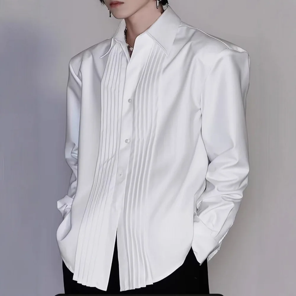 Men's White French Ruffled Shirt 2026 Spring Long Sleeve Cleanfit Court Style Minimalist Designer Inner Wear Top