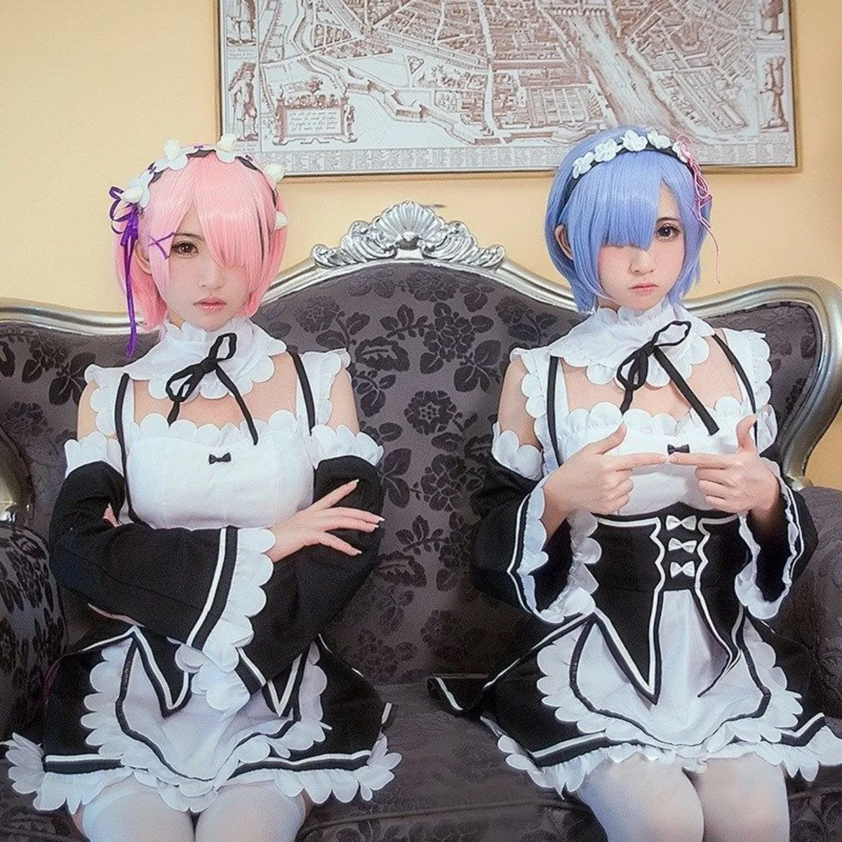 

Re Zero Ram & Rem Cosplay Wig, Adult & Child Version Pink Blue Short Hair Twin Maid Set