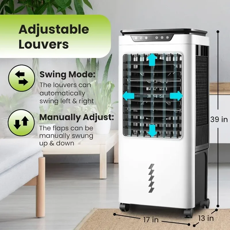 

Premium Indoor Air Cooler 1,100 Sq Ft / 5300 CFM, Portable & Modern Design, Wind Oscillation, 9.6 Gallon Water Tank, 4 Caster