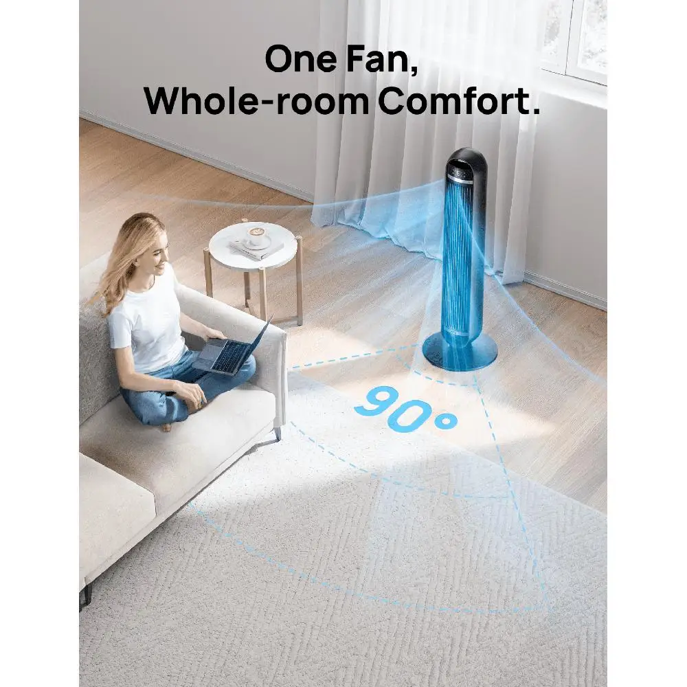 พัดลมทาวเวอร์เงียบ 27 ฟุต/วินาที รีโมทคอนโทรลการไหลของอากาศ 90 °   การสั่น 8 ความเร็ว 4 โหมดตัวจับเวลาพัดลมตั้งพื้นในร่ม