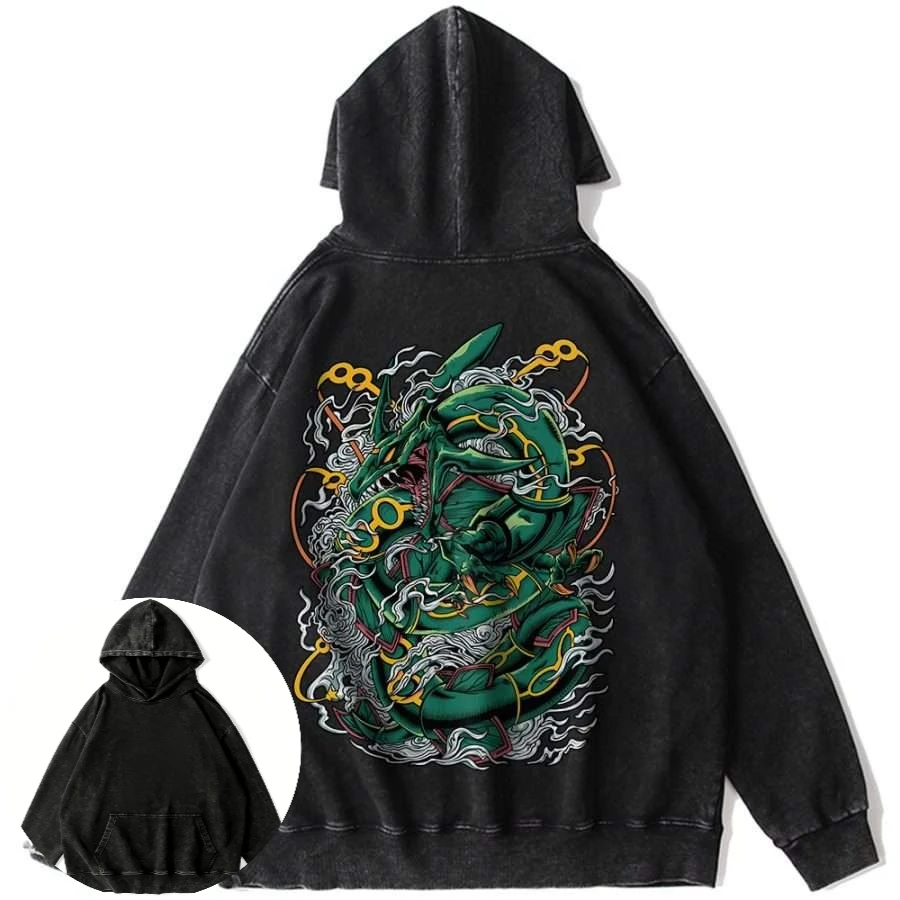 Moletom masculino de algodão preto lavado com lendário Pokémon Anime Rayquaza Green Dragon Back Print Vintage Casual manga comprida