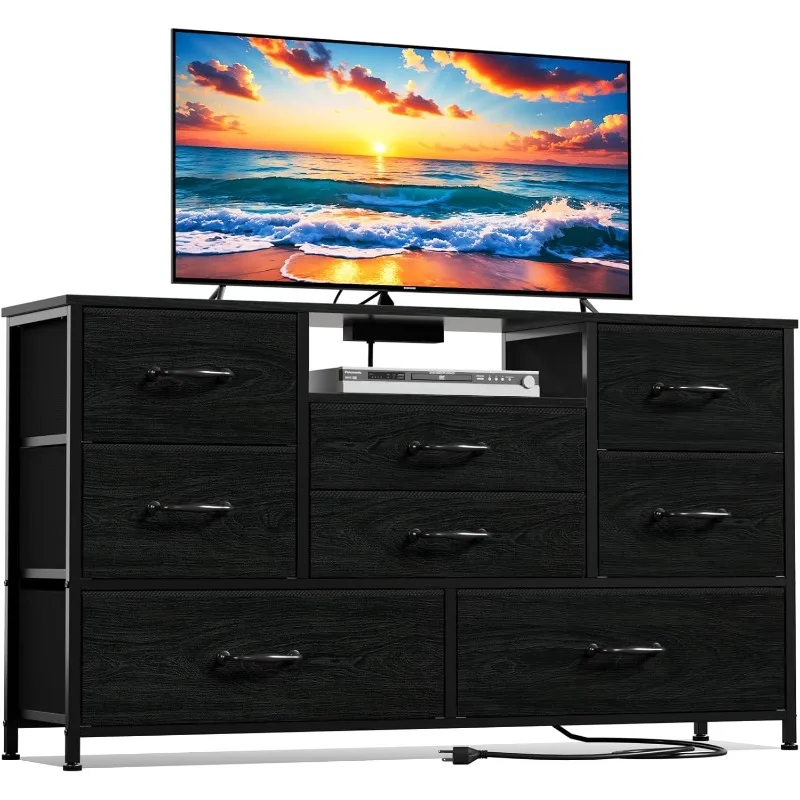 Dresser TV Stand with Power Outlet for 55'' Long TV, Entertainment Center with 8 Deep Drawers,Wide Chest of Drawer