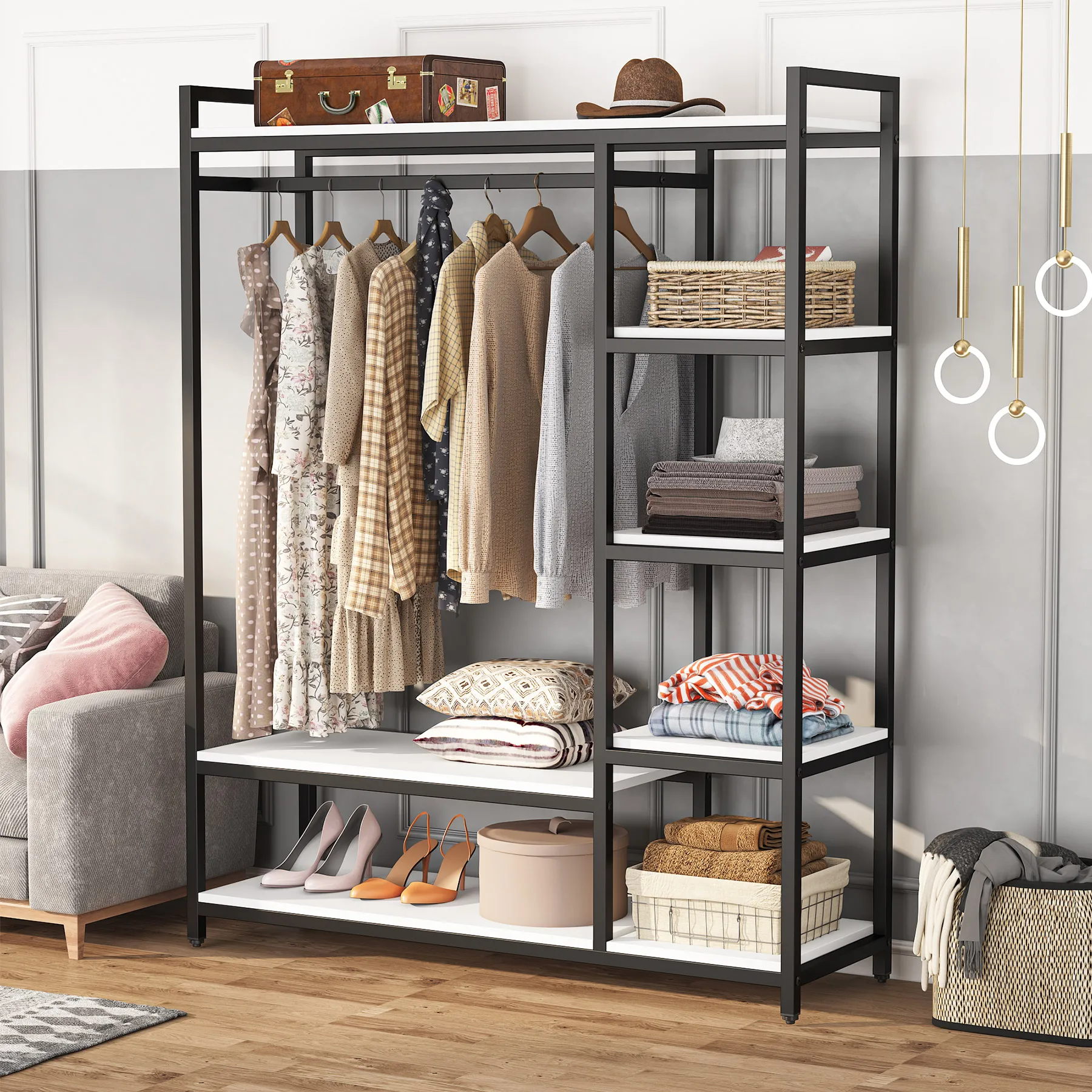 Tribesigns Free-standing Closet Organizer with 6 Storage Shelves and Hanging Bar, Large Standing Clothes Garment Rack