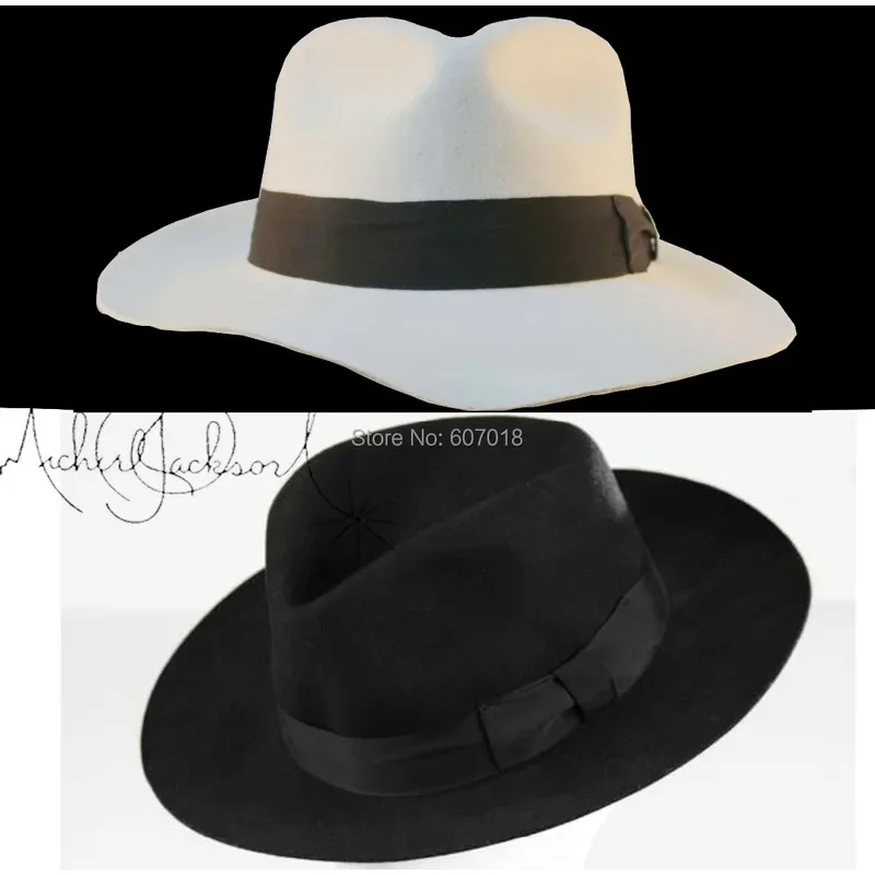 

WOW 2pcs MICHAEL JACKSON White&Black Hats Fedora Smooth Criminal&Billie Jean Classic Fedora with name