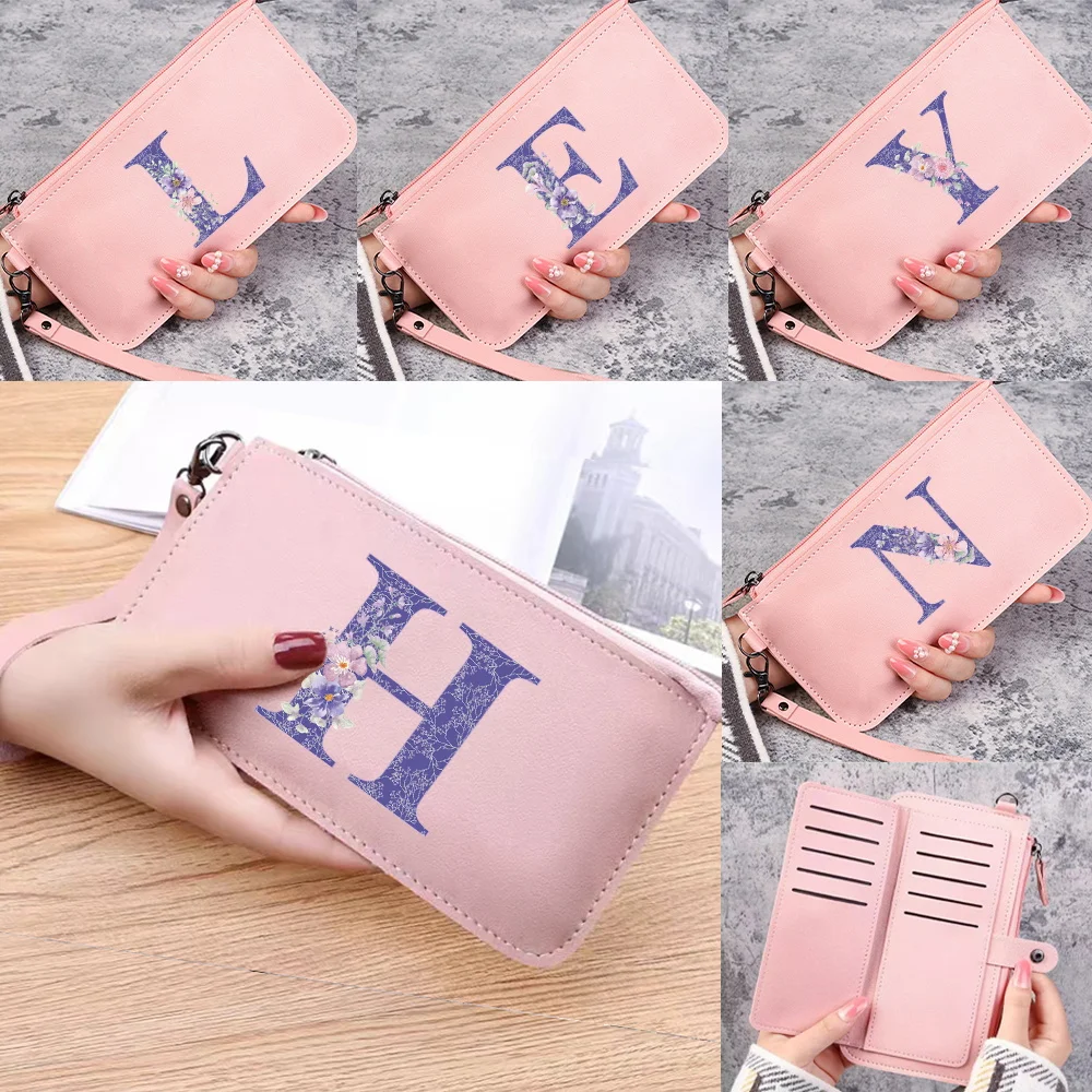Fashion Women Holde Wallet Purple Flower Letter Print Long Card Purse Pocket Travel ID Card Credit Storage Pack Long Coin Purse
