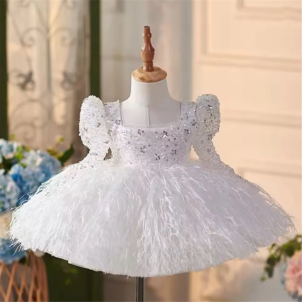 Sparkly Sequined Flower Girl Wedding Dress Full Sleeves Feather Princess Birthday Party Prom Dress Kids Luxury Performance Gown