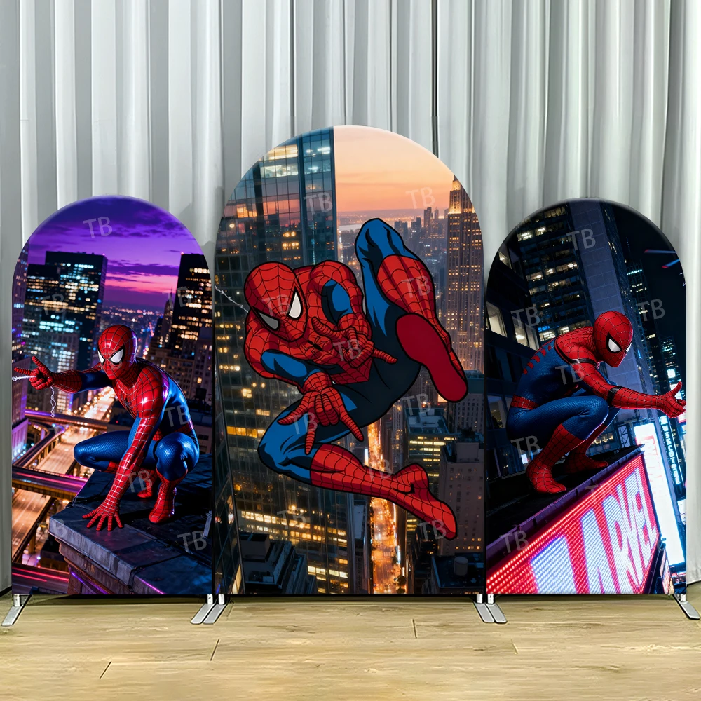 

TB Superhero Spider-Man Arch Backdrop Cover City Building for Boys Birthday Party Decoration Photography Background Wall Props