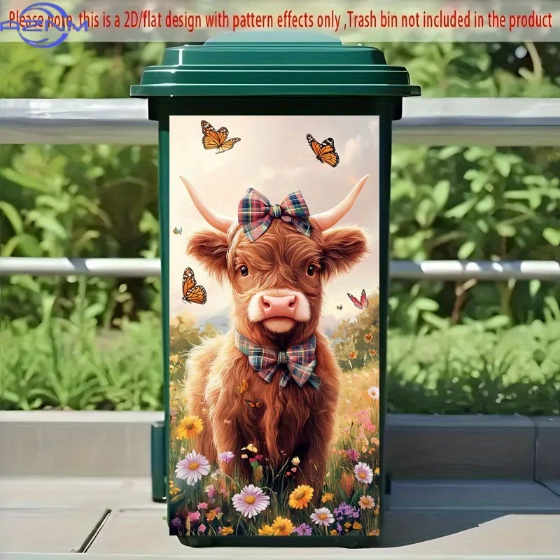 2D Flat Printing 1pc Trash Can Sticker 37×82cm Highland Cow with Plaid Bow Tie and Floral Butterfly Theme Design Self-Adhesive