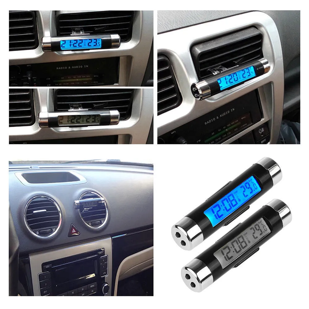 2 in 1 Car Auto Thermometer Clock Temperature LCD Display Screen Clip-on Digital Blue Back Light Portable Without Batteries